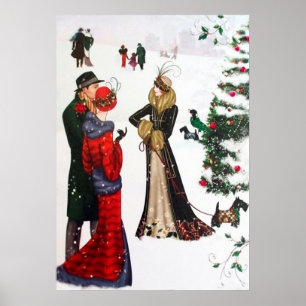 Pessoas retros do poster do Natal do art deco do