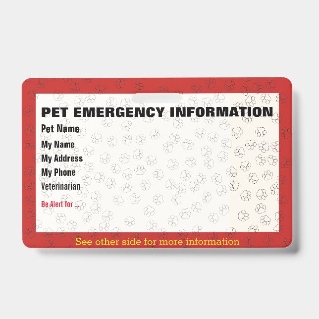 Pet Emergency Information Card Crachá (Frente)