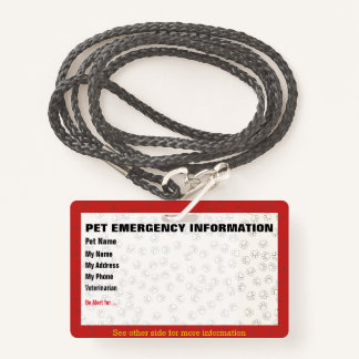 Pet Emergency Information Card Crachá