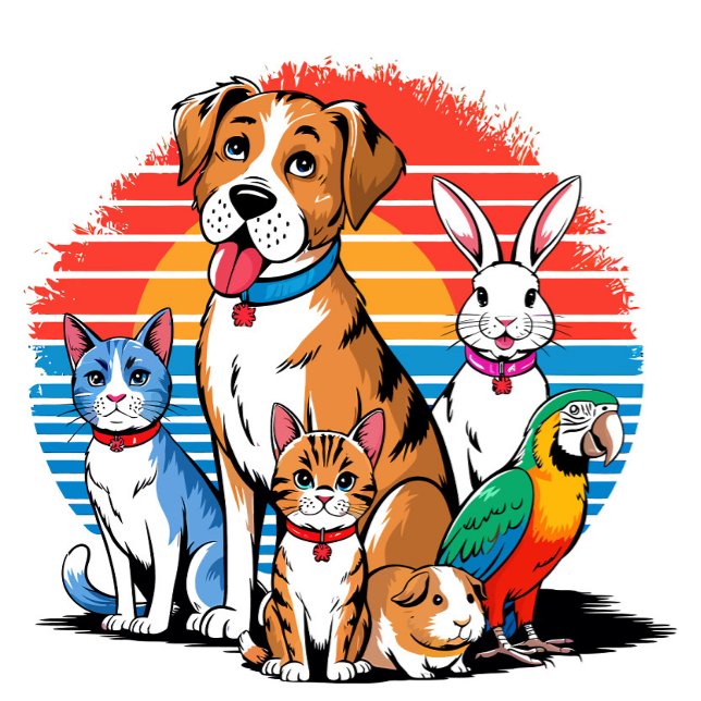 Pet Gathering Cartoon  (A vibrant animated scene featuring a cheerful dog at the forefront, surrounded by other animals. )