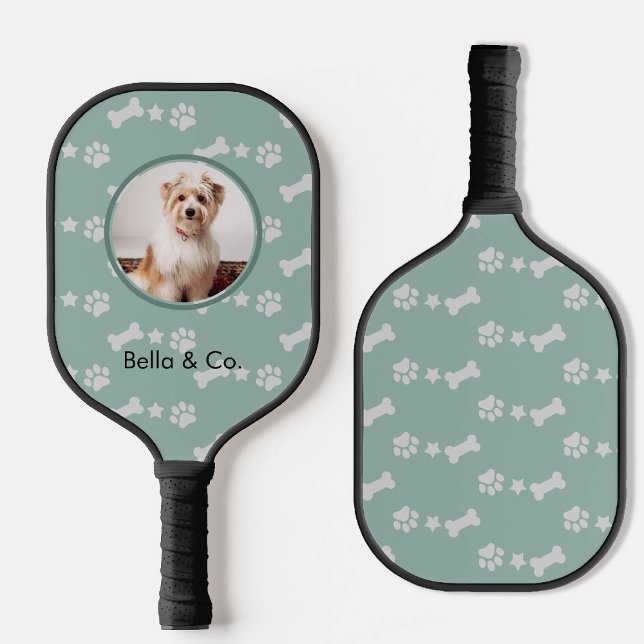 Pet Photo Bone Paw Patterine Green Personalizado (pickleball gift for her dog mom pet photo bone star paw print sage green personalized name)