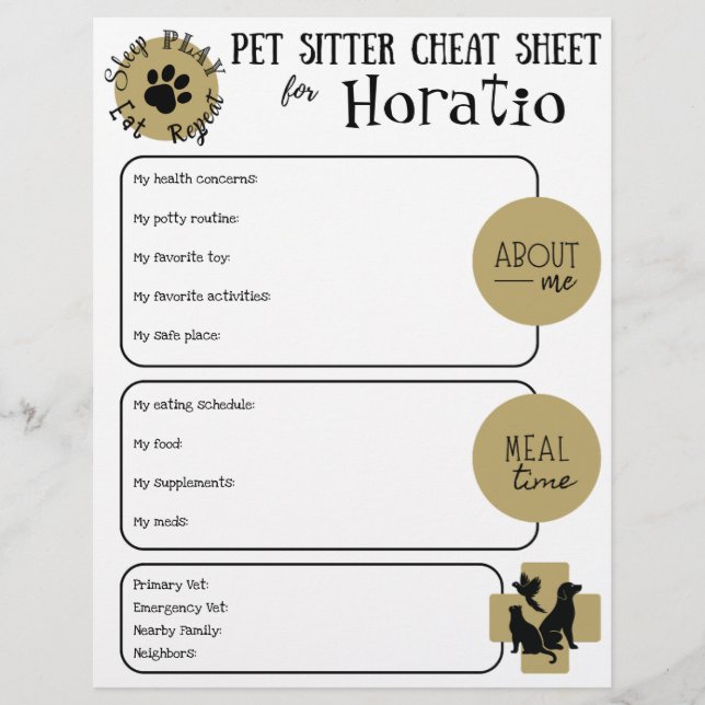 Pet Sitter Cheat Sheet Paper Sheet (Frente)