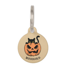 Pet Tag Abóbora de Halloween e Gato Preto Personalizados