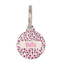 Pet Tag Campo de Flores Cor-de-Rosa com Nome e Número - Pe