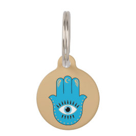 Pet Tag Hamsa Mão Grego Mau Olho Azul
