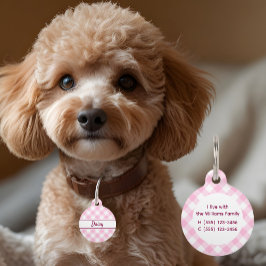 Pet Tag Lindo Nome de Padrão Xadrez Rosa e Branco