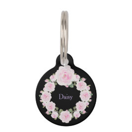 Pet Tag Nome Personalizado, Texto, Pulseira de Rosas Rosa