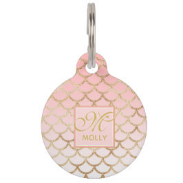 Pet Tag Padrão de Sereia Dourada e de Mambre Rosa - Monogr