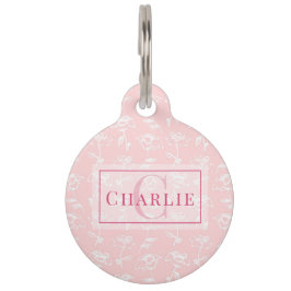 Pet Tag Rosa Desbotado Floral Branco, Monograma Personaliz