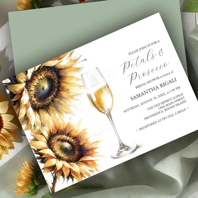 Petais de girassol e convites para Chá de panela P (Bridal shower invitations watercolor sunflowers and Prosecco by Victoria Grigaliunas DoTellABelle)