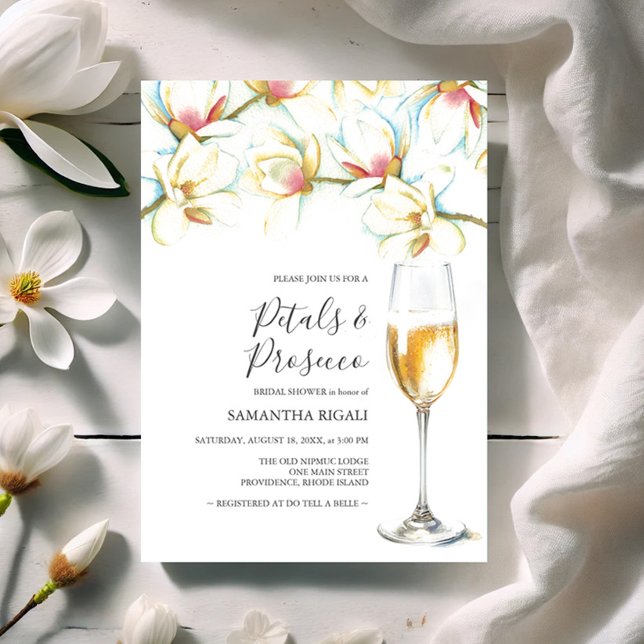 Petais e Chá de panela Floral Branco Prosecco (Bridal shower invitations watercolor white magnolia flowers by Victoria Grigaliunas Do Tell A Belle)