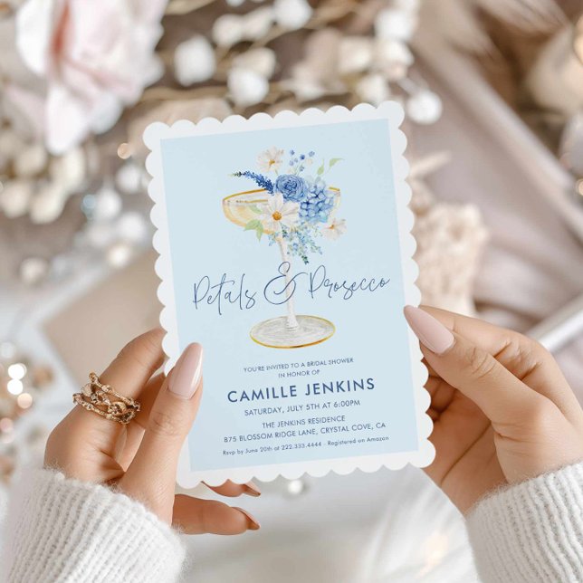 Pétalas Azuis e Convite à Noite de Jardim Prosecco (Blue Petals and Prosecco Bridal Shower Invitation)