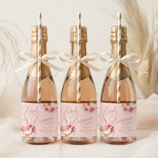 Petalas de Ouro Rosa e Brunch de Noivado com Prose (Pink Gold Petals and Prosecco Bridal Shower Sparkling Wine Label)