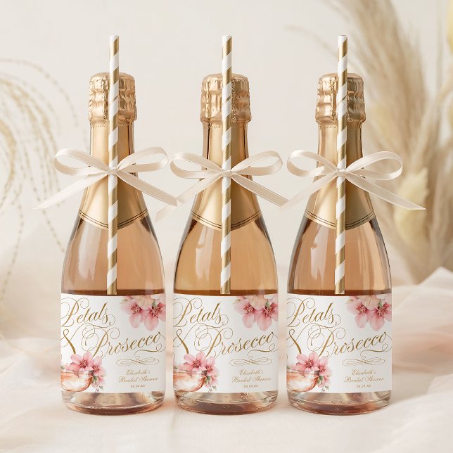 Pétalas Douradas rosa e Chá de panela Prosecco (Pink Gold Petals and Prosecco Bridal Shower Sparkling Wine Label)