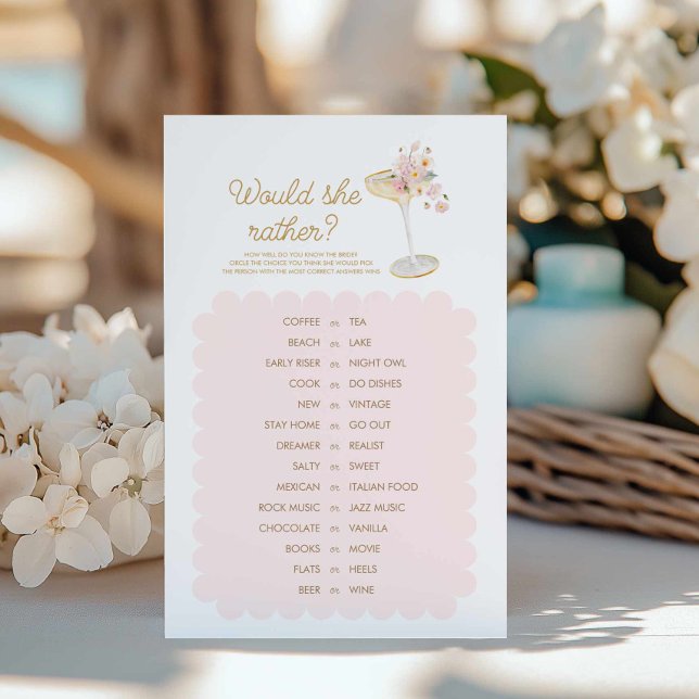 Pétalas e Prosecco... Ela iria Preferencialmente J (Would she rather Bridal shower game)