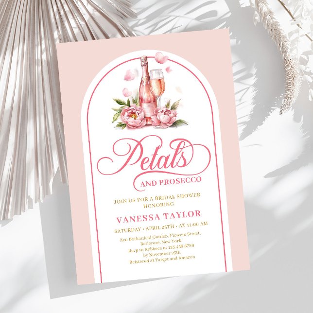 Pétalas elegantes e prosecco convite com tons de r (Stylish petals and prosecco blush and gold invite)