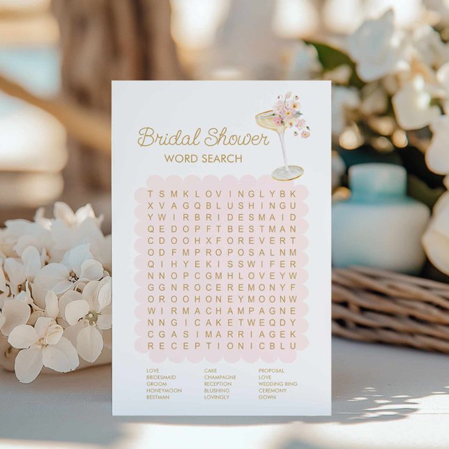 Petals e Prosecco Word Search Jogo da Marca (Bridal Shower Pink Champagne Word Search Game)