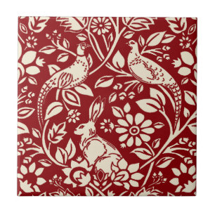 Pheasant and Hare Patterno, Deep Red and Cream