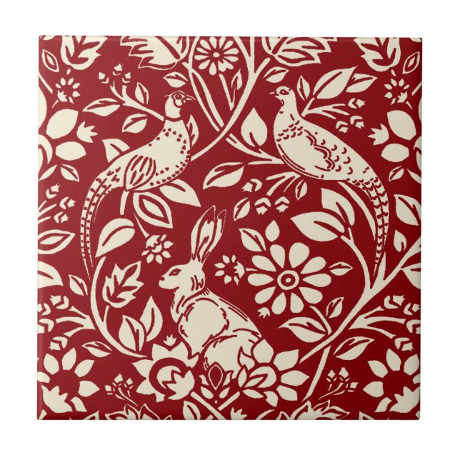 Pheasant and Hare Patterno, Deep Red and Cream (Frente)