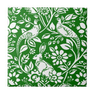 Pheasant and Hare Patterno, Emerald Green & White