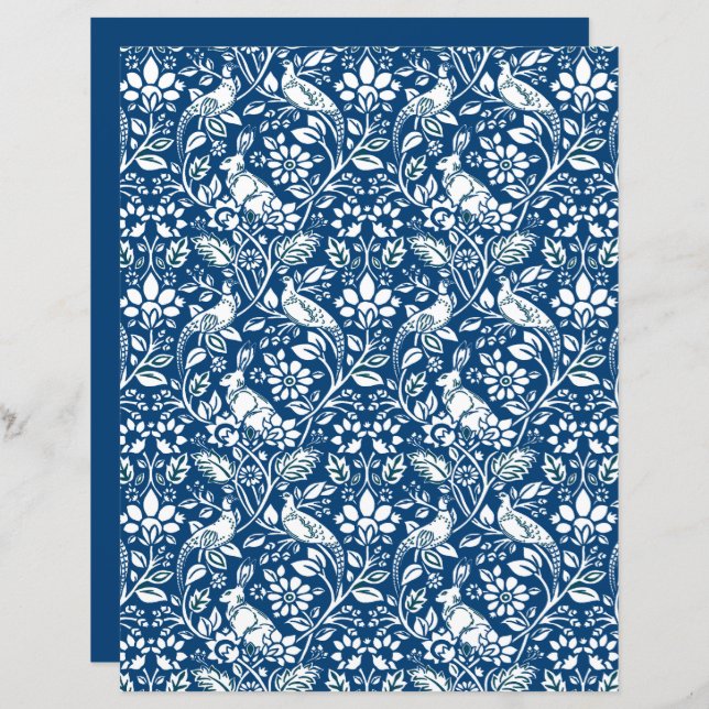 Pheasant and Hare Patterno, Indigo Blue e White (Frente/Verso)