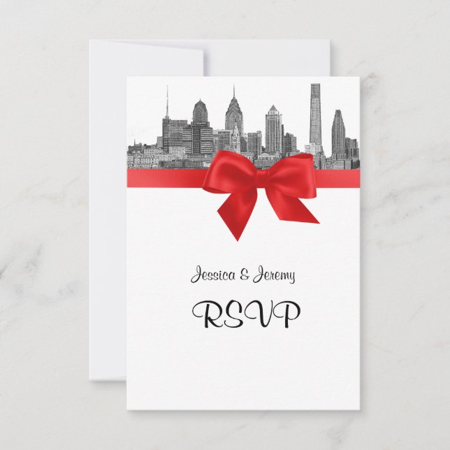 Philadelphia Skyline Etch BW Red RSVP Menu (Frente)