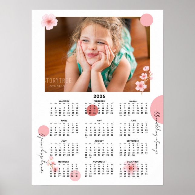 Photo 2026 Yearly Calendar Pretty Floral Poster (Frente)
