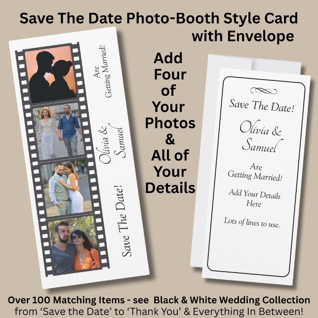 Photo Booth Style Save The Date  Black White Card (Criador carregado)