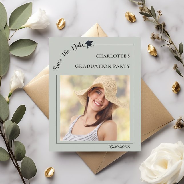 Photo sage green Graduation Save the Date card (Criador carregado)