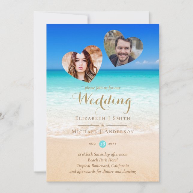 PHOTO Tropical Beach Hearts Sand Sea Wedding Inv (Frente)