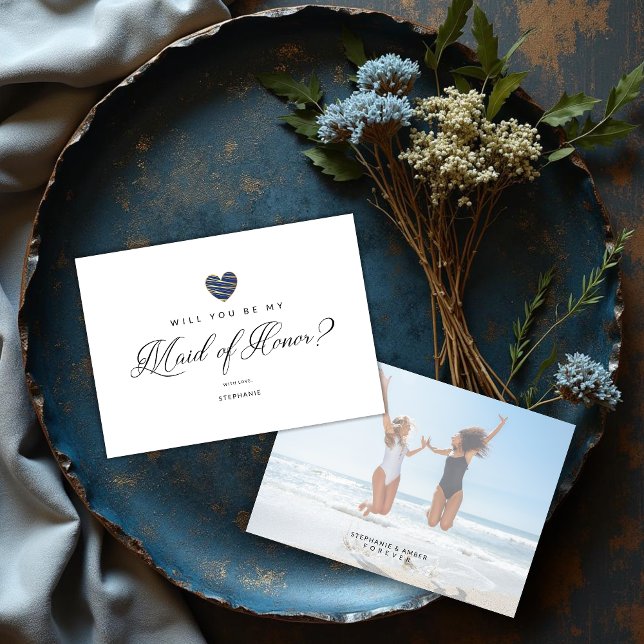 Photo Will You Be My Maid of Honor Navy Heart (Custom Photo Will You Be My Maid of Honor Navy Heart Proposal Card. )