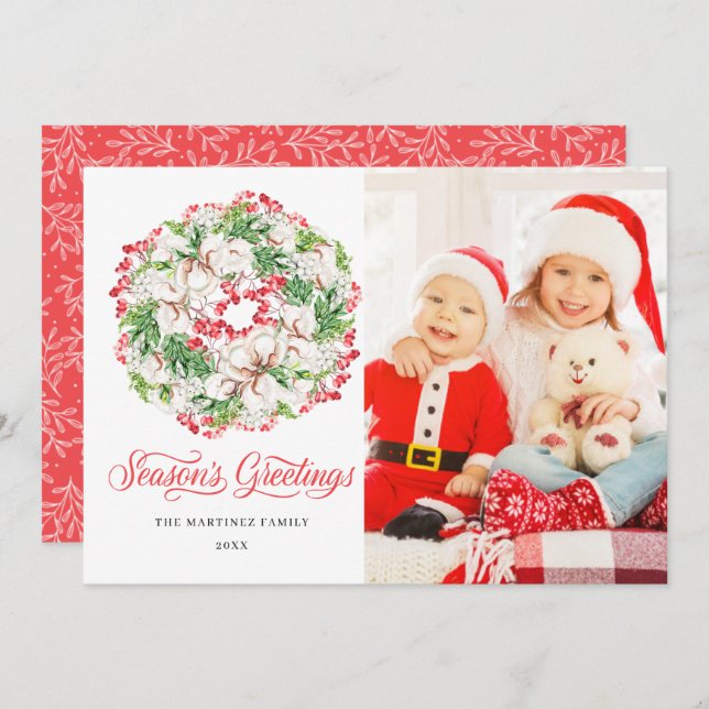 PHOTO Winter Wreath Holiday Flat Christmas Card (Frente/Verso)