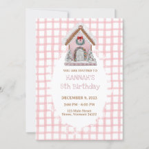 Pia-rosa Gingham Gingerbird Convite de Aniversário