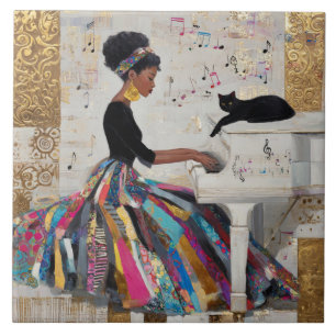 Pianista Negra com Folha de Ouro e Gato