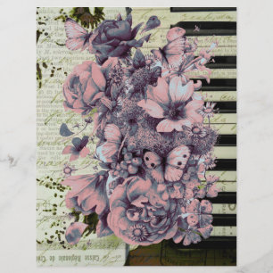 Piano antigo e flores em papel velho
