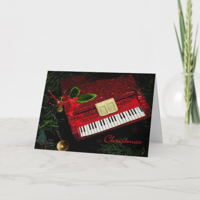 Piano vermelho-brilhante com cartão de Natal (Frente)