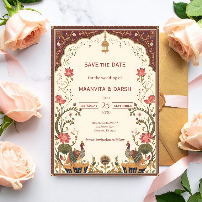 Pichwai Indian Lotus Peacock Wedding Save the Date (Criador carregado)