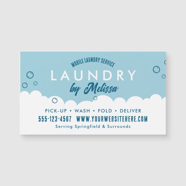 Pick-Up Laundry Service Blue & White Magnetic Card (Frente)