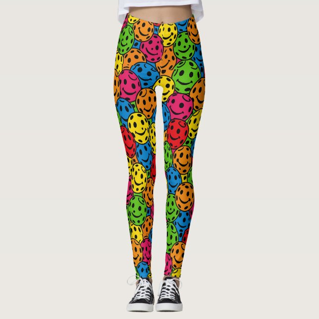 Pickleball Feliz Retro Leggings de Padrões Sorride (Frente)
