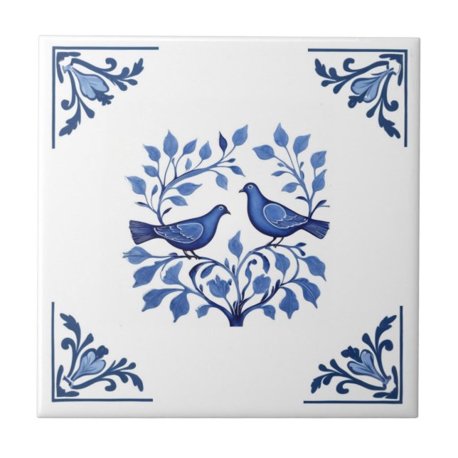 Pigeon Dove Bird Casal Blue White Delft Cantos (Frente)