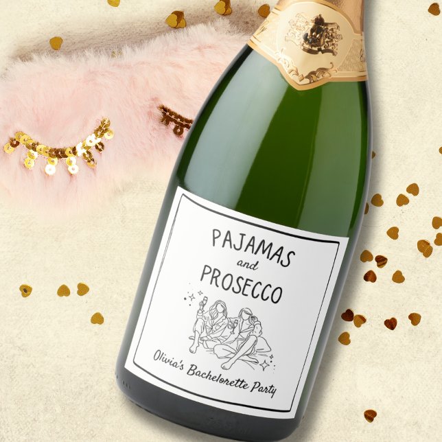 Pijamas e Festa de solteira personalizada do Prose (Party in style with 'Pajamas and Prosecco' bottle labels – perfect for a trendy bachelorette bash!)