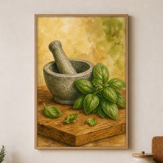Pilão e Almofariz com Pôster de Aquarela de Manjer (Shown framed for scale. Poster ships unframed; frames are an optional add-on.)