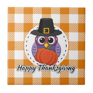 Pilgrim Owl em Orange Xadrez - Feliz Ação de Gra