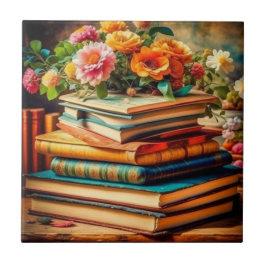 Pilha Antiga de Livros e Flores Vintage