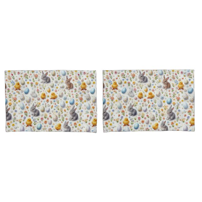 Pillow Cases – Bunnies, Eggs, Chicks & Spring Deco (Frente - conjunto)