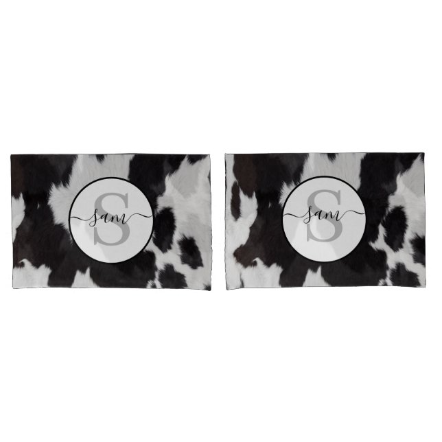 Pillowcase de Monograma Branco Preto de Cowhide (Frente - conjunto)