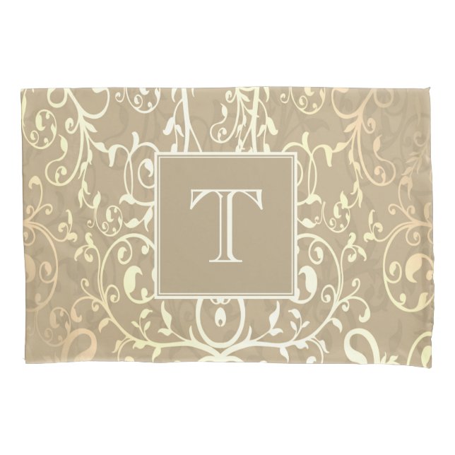 Pillowcase de Monograma de Floreio Elegante Dourad (Frente)