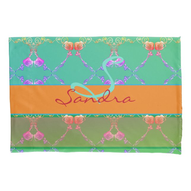 Pillowcase de rosa Hearts Monograma Apricot (Frente)