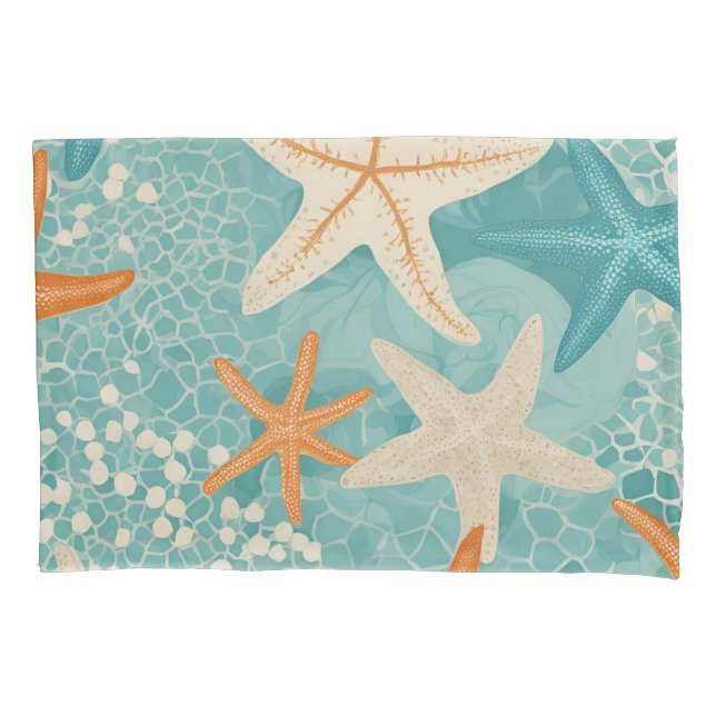 Pillowcase Teal Orange Starfish Beachy Coastal (Frente)