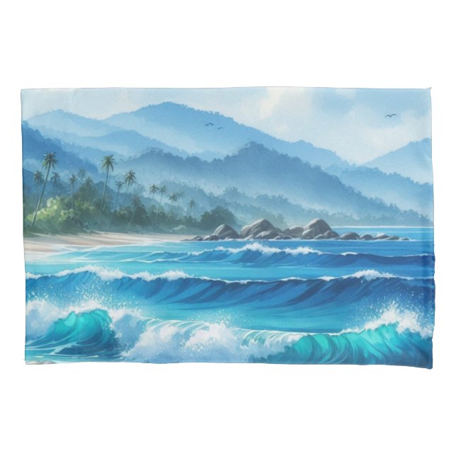 Pillowcase Tropical Beach Ocean Ondas Aquarelas (Frente)